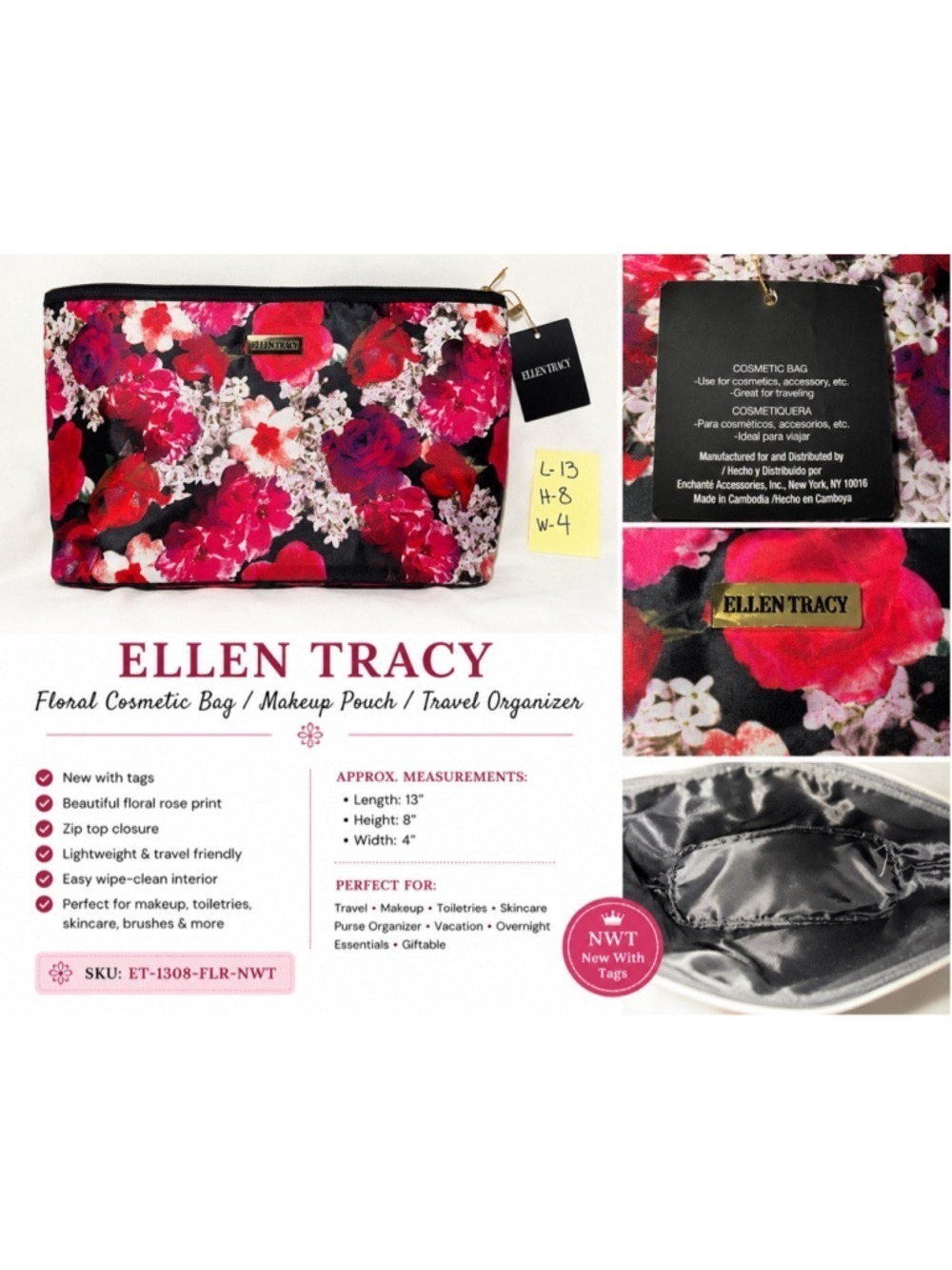 Ellen Tracy Floral Cosmetic Bag Makeup Bag Travel Toiletry Pouch NWT